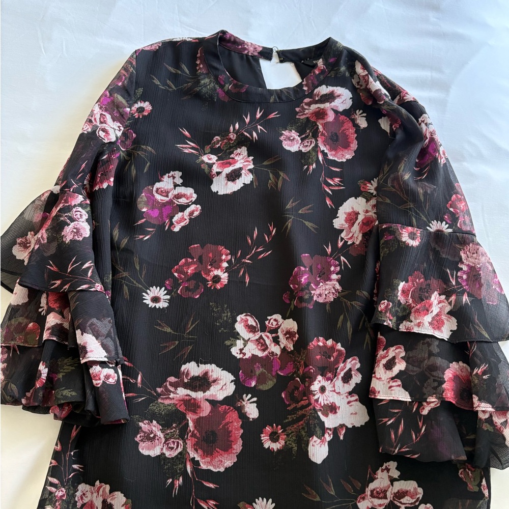 RW&CO Black Floral Blouse with Ruffle Sleeves